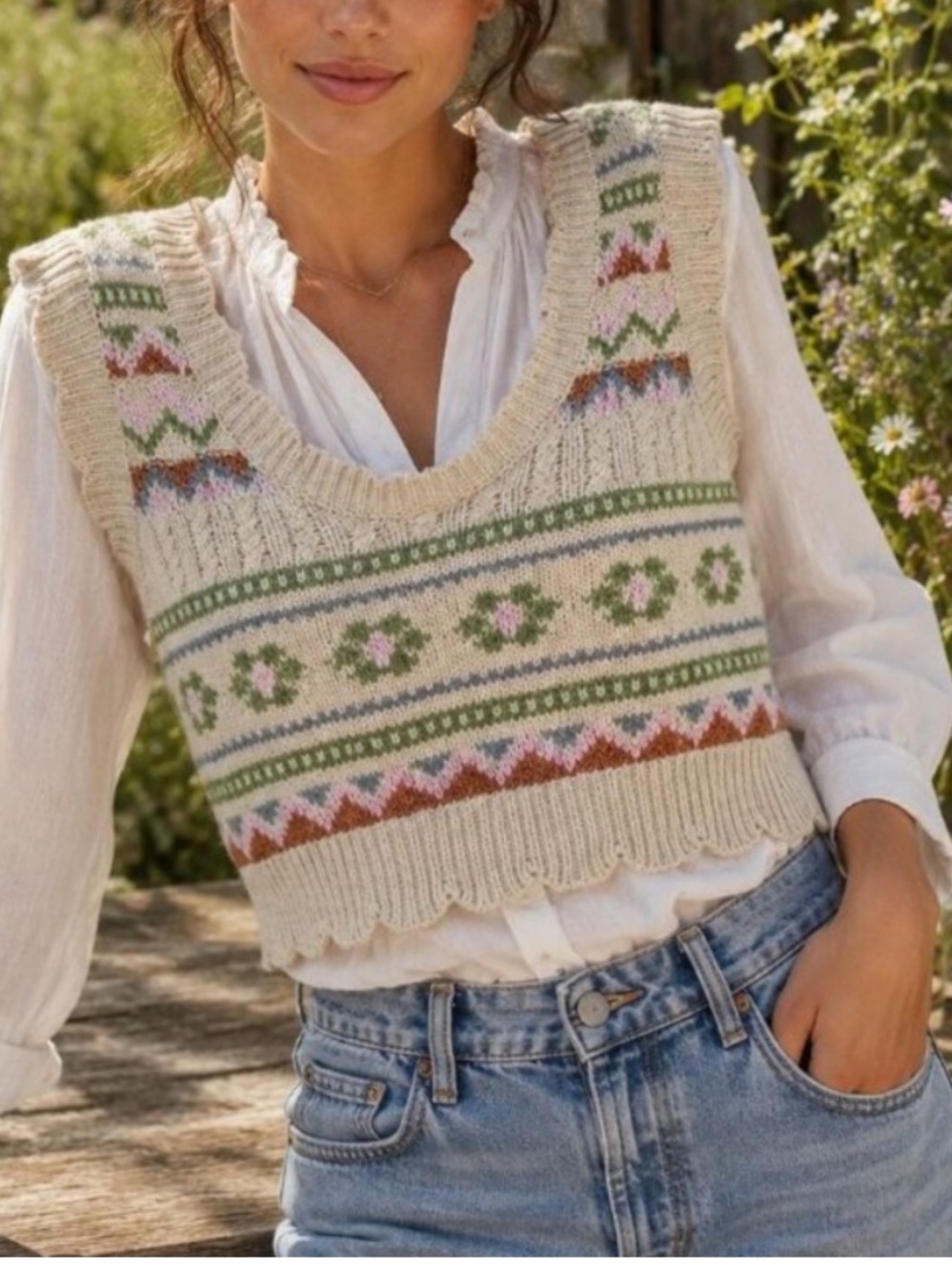 Anthropologie Cream and Green Knit Sweater Vest NWOT